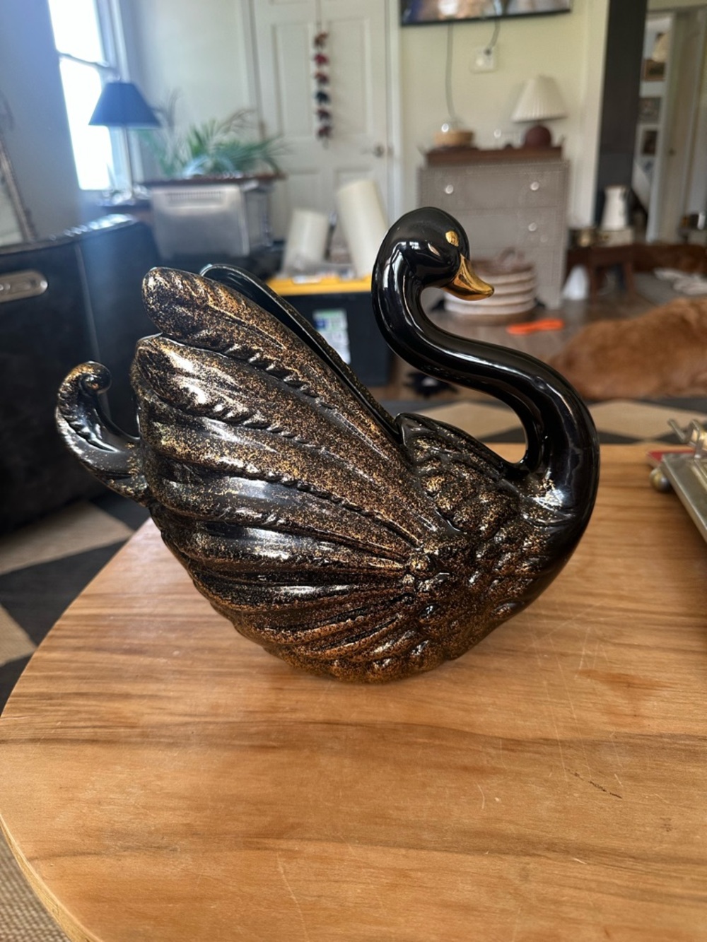 Vintage Black and Gold Ceramic Swan Figurine planter decor 9”H x 11”W stunning